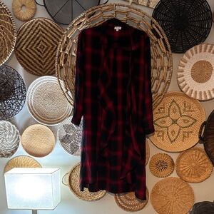 Dizzy Gal Red and Black Plaid Long Sleeve Duster with ruffle front